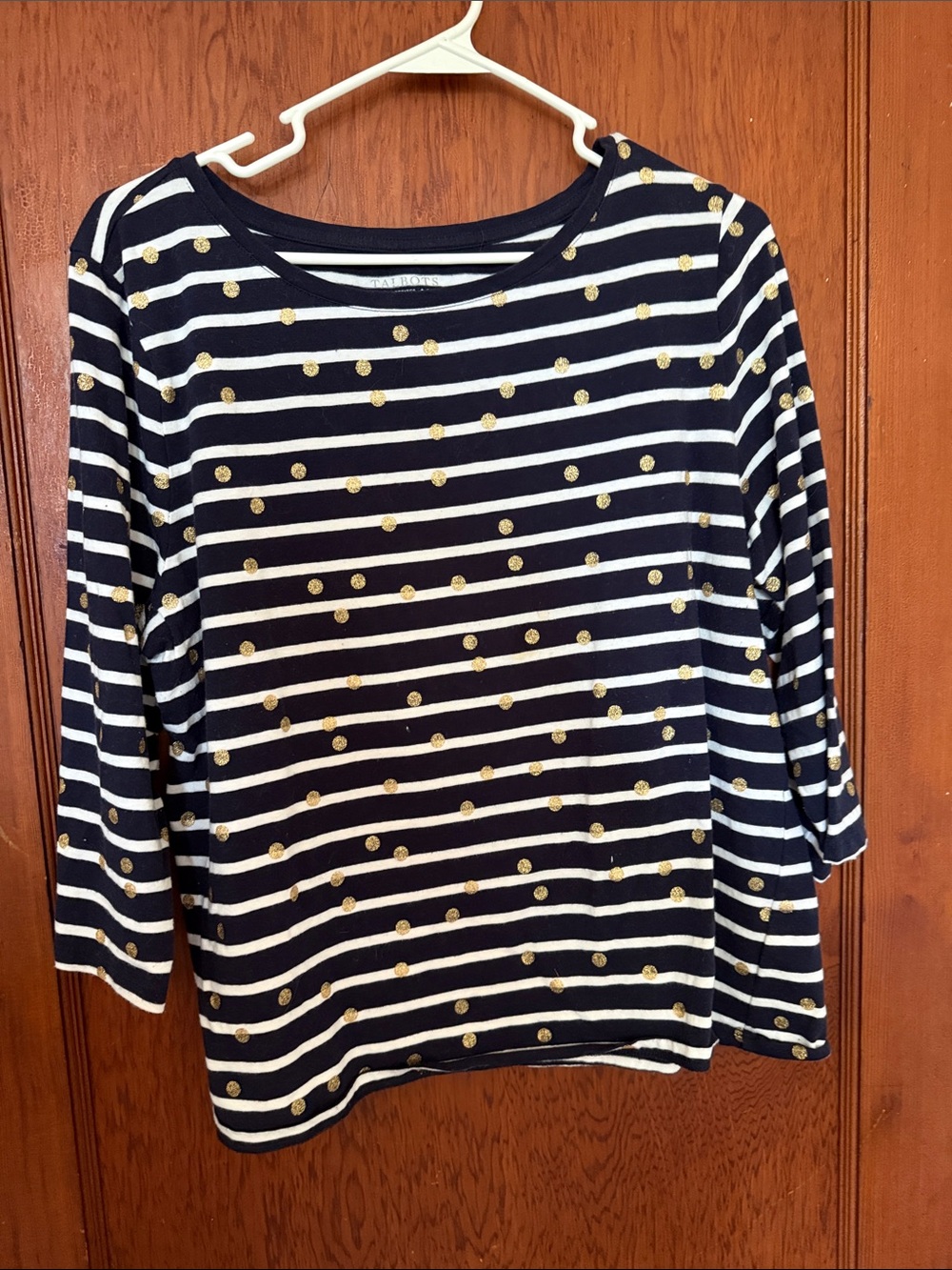 Talbots Navy and White Striped Long Sleeve Top with Gold Dot Accents